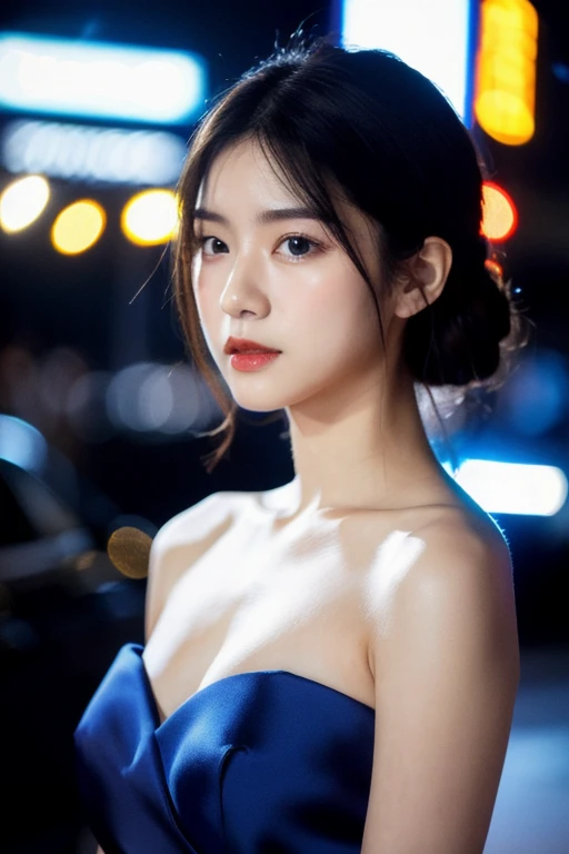 (Cinematic Aesthetic:1.4) Photo of a beautiful korean fashion model bokeh city night, serious, elegant, royal blue dress