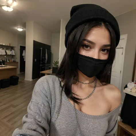 Sexy girl with long black hair taking a selfie in a black mask, a gray sweater and a black cap with a black beanie t silver chain