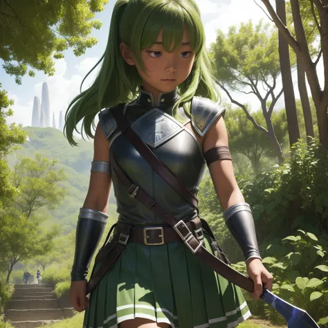 最high quality、high quality、10 years old、Girl Adventurer、Climb the maze stairs、Leather Armor、Long skirt、Equipped with a dagger and a shield、Green Hair