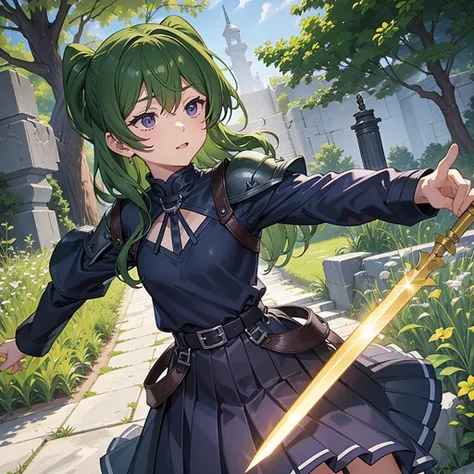 最high quality、high quality、10 years old、Girl Adventurer、Climb the maze stairs、Leather Armor、Long skirt、Equipped with a dagger and a shield、Green Hair