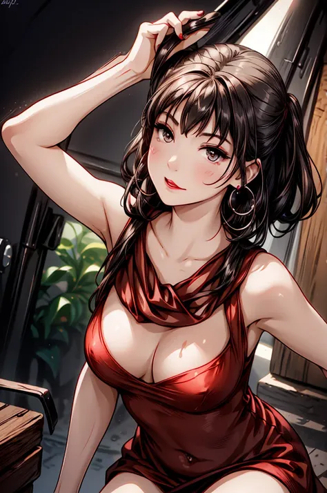 (8K HDR photorealistic pic), Betty Boop, short, althetic, curvy lady, ((tight little red dress)), dark eyebrows, black lipstick, (hoop earrings), dark eyeshadow, black lipstick, curvy, busty, (curly short black hair), shortstack, (retroussé breasts), darli...