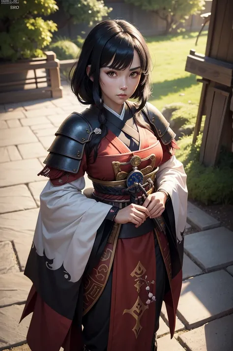 Fantasy RPG character, 26-year-old woman, samurai, sword, Japanese clothing,black hair, ((anime)), ((best qualtiy, 8K, tmasterpiece:1.3)), Focus:1.2, perfect figure beautiful woman:1.4, 1woman, cowboy shot, look at viewer, eyes facing the camera, incredibl...