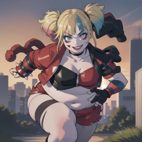 (masterpiece, best quality:1.2), solo, 1 fat girl, fat harley quinn, smile, looking at viewer, running, twintails, v-shaped eyeb...