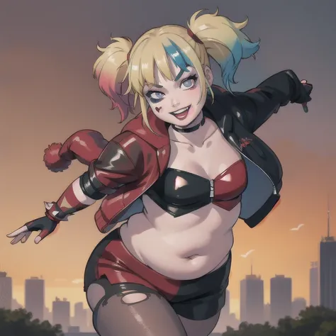 (masterpiece, best quality:1.2), solo, 1 fat girl, fat harley quinn, smile, looking at viewer, running, twintails, v-shaped eyeb...