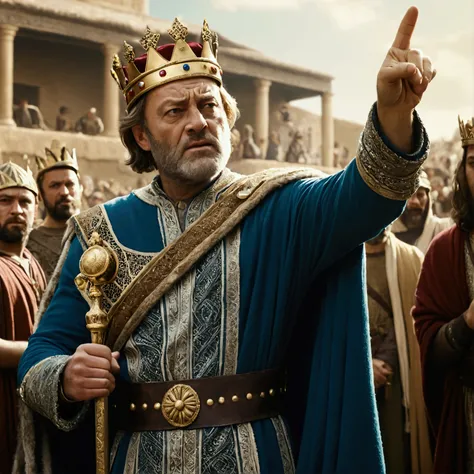 King Saul pointing his finger and people in the background, cinematic image,wearing crown
