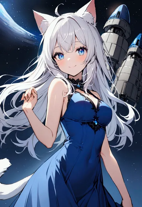 1girl with long white hair, blue eyes, slim body, Beautiful fluffy white and blue dress, cat ears, cat tail, smile, space ship