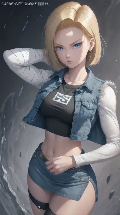 Realistic Android 18, Whole body, by rubio, blue eyes, eyelashes, Hope aretes, short hair, arete, black sock, white shirt with black stripes, pocket en el pecho, neckline, clavicle, Denim, Skirt de mezclilla, MiniSkirt high waist, detailed legs, jewelry, l...