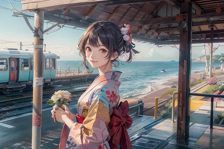 train platform with ocean view,(enoshima electric railway),((shichirigahama station)),holding a bouquet, with flowers, wearing a...