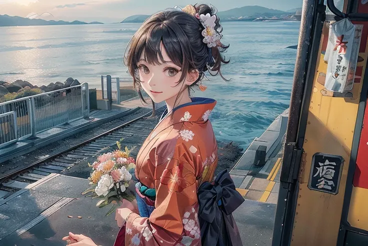 train platform with ocean view,(enoshima electric railway),((shichirigahama station)),holding a bouquet, with flowers, wearing a...