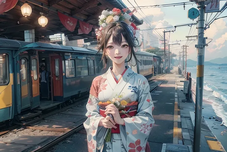 train platform with ocean view,(enoshima electric railway),((shichirigahama station)),holding a bouquet, with flowers, wearing a...