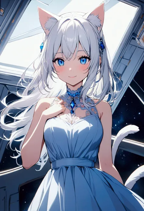 1girl with long white hair, blue eyes, slim body, Beautiful fluffy white and blue dress, cat ears, cat tail, smile,indoors space ship, upper body focus