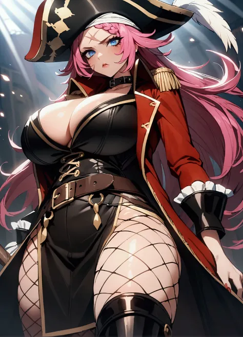 
Francis Drake、FGO、blue eyes、Long Hair、Pink Hair、scar、red pirate jacket、Pirate Black Hat、Braid、belt、Black footwear、boots、Pirate outfit、Big Breasts、Long Red Hair、Shiny skin、Fishnet tights、Sharp Eye、Cool look、detailed、4K、masterpiece、detailedな顔