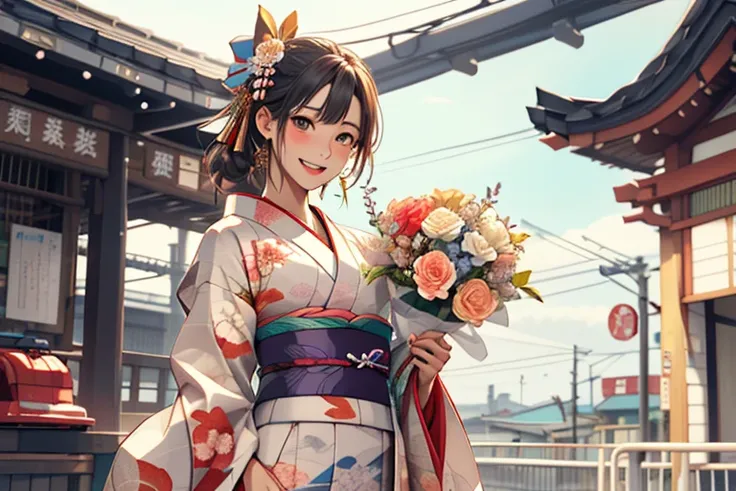 Train platform with ocean view,(Enoshima Electric Railway),((Shichirigahama Station)),Holding a bouquet, With flowers, Wearing a colorful yukata, (Wear a rainbow-colored kimono),One cute girl, (masterpiece, Highest quality, Official Art, Very detailed CG U...