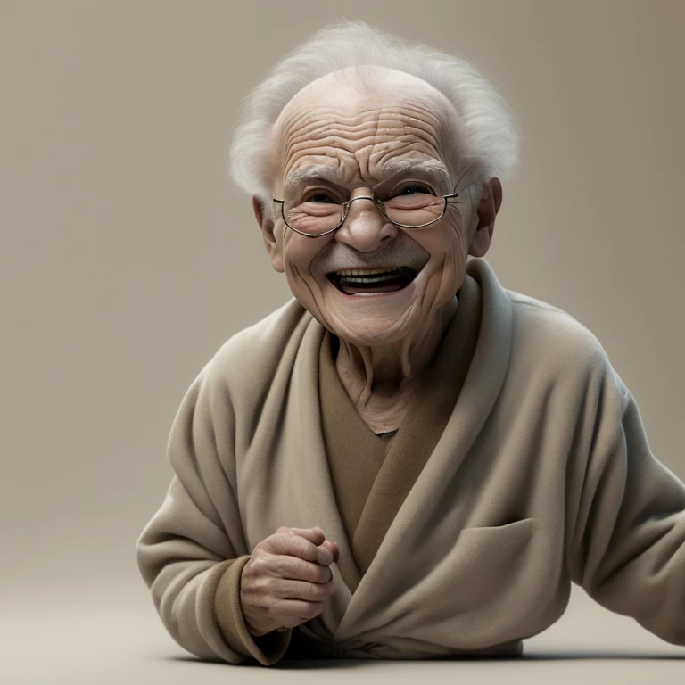 ((Plain white background))、(White-walled studio)、（Whole body photo）、A very lively old man、90 years old、100 years old、Slender body、（Naked in a white bathrobe）、With a smile、（I&#39;m roller skating）、A lively grandpa、whole body、Canon 5D Mark II, movie, Profess...