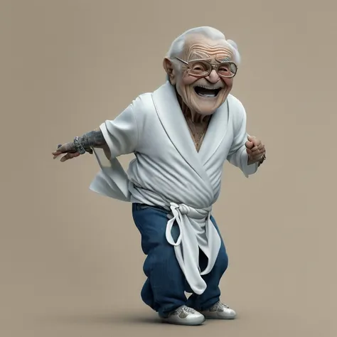 ((Plain white background))、(White-walled studio)、（Whole body photo）、A very lively old man、90 years old、100 years old、Slender body、（Naked in a white bathrobe）、With a smile、（Roller skating）、A lively grandpa、whole body、Canon 5D Mark II, movie, Professional ph...