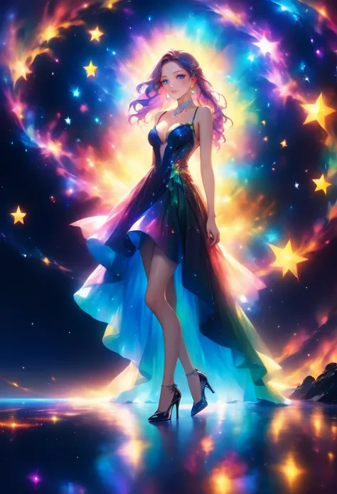 a glamour picture shot, of an elite model covered in stars, walking on a (dark catwalk: 1.2), an extraordinary glamourous elite female model, ((full body: 1.5)),  ((anatomically correct: 1.5), (ultra detailed face: 1.2), best detailed face, yrllow hair, lo...