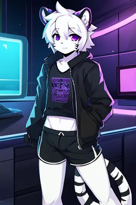 White fur tiger, little, with white tail, black jacket, address shirt, shorts negros, purple eyes, hacker 