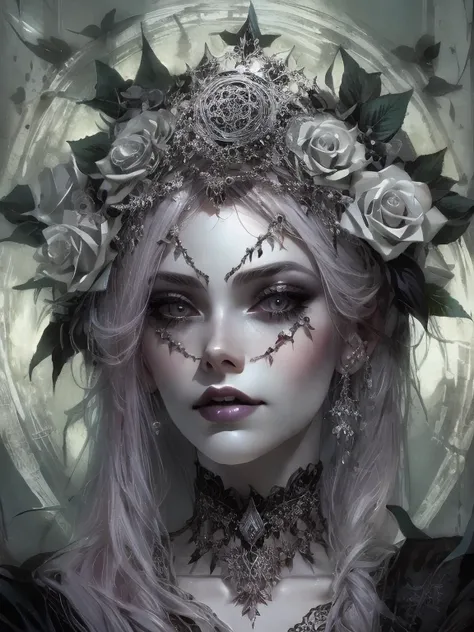 A pale goth woman with black roses in her hair, grey eyes and silver makeup wearing an elaborate headdress made of lace and thorns, a pentagram necklace around her neck and flowers on top of her head, digital art in the style of daniel f gerhartz and Ray C...