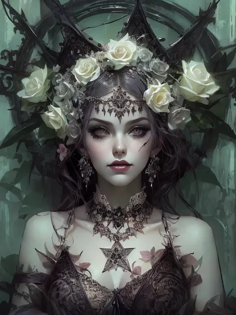 A pale goth woman with black roses in her hair, grey eyes and silver makeup wearing an elaborate headdress made of lace and thorns, a pentagram necklace around her neck and flowers on top of her head, digital art in the style of daniel f gerhartz and Ray C...