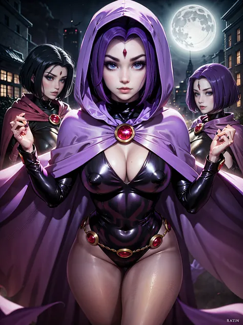 illustration of Raven from DC Comics, 1 girl, Raven, turtleneck, Black leotard, Black cape, hood, purple hair, forehead jeEmel, purple eyes, short hair, Belt, tight skin, standing, cleavage, toned, pose, night , moonlight, ((posing)), movement lines, torso...