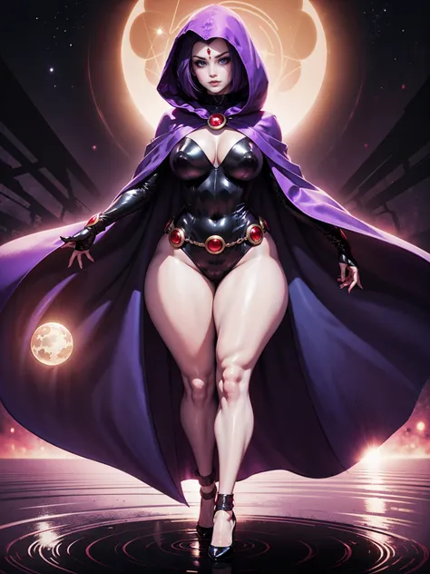 illustration of Raven from DC Comics, 1 girl, Raven, turtleneck, Black leotard, Black cape, hood, purple hair, forehead jeEmel, purple eyes, short hair, Belt, tight skin, standing, cleavage, toned, pose, night , moonlight, ((posing)), movement lines, torso...