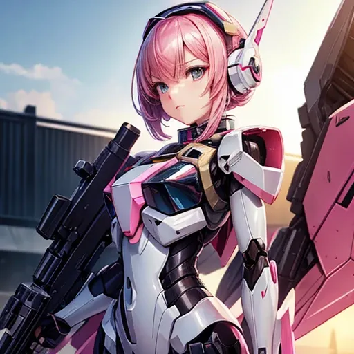 A picture of a beautiful girl robot with a gun, Streamlined pink armor, modern Mecha anime, cool Mecha style, female Mecha, Gundam Armor, Mobile Suit, アニメ Mecha アーマー, # Mecha, 妨害Mecha, Eva Unit 0 in the back, Anime Manga Robot!! Anime Girls, an anime large...