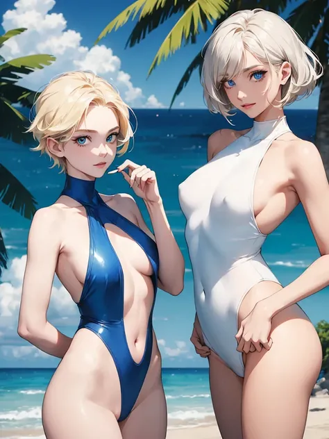 (masterpiece:1.2), (Highest quality:1.2),, Curvy but slender body, Perfect Eyes, Perfect Face, Perfect lighting, 2 girls, ，At the Beach，（Standing position），（White One Piece Swimsuit），（whole bodyのフルショット），（short hair），（smile），Curly Hair, Quality clothing, De...