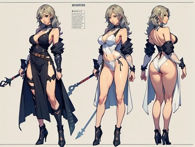 ((masterpiece)),(((best quality))),((character design sheet)), ((full body view)) illustration,Catalogue cover of Female Spearers,1girl, thick thighs, ((detailed face:1.4)) , rough sketches, between breasts,big breasts,wearing an short apron without any cl...