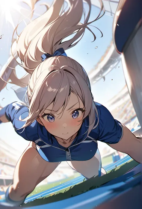 One girl,Track and field athlete、Muscular、ponytail、Dynamic Angle、sunlight、masterpiece

