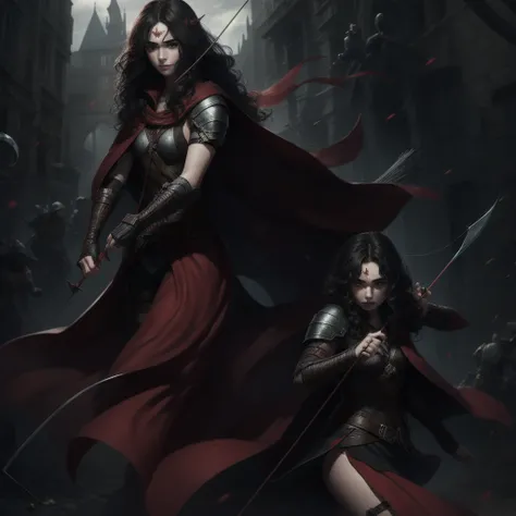 Lily Collins with black curly hair with red hood, medieval clothes, bow and arrow in hand, entering an arena landscape filled with bleachers and audience watching the illustration is detailed, smooth and bright, HD art by Citemer Liu