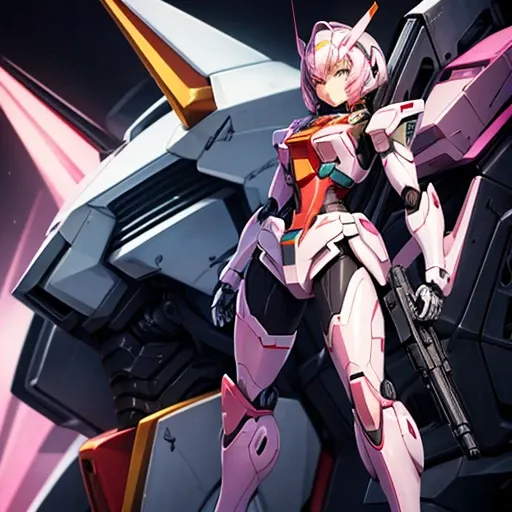 Robot with a gun and a picture of a gun, Streamlined pink armor, modern Mecha anime, cool Mecha style, female Mecha, gundam armor, Mobile Suit, Anime Mecha Armor, # Mecha, Jamming Mecha, Eva Unit 0 in the back, anime manga robot!! Anime Girls, an anime lar...