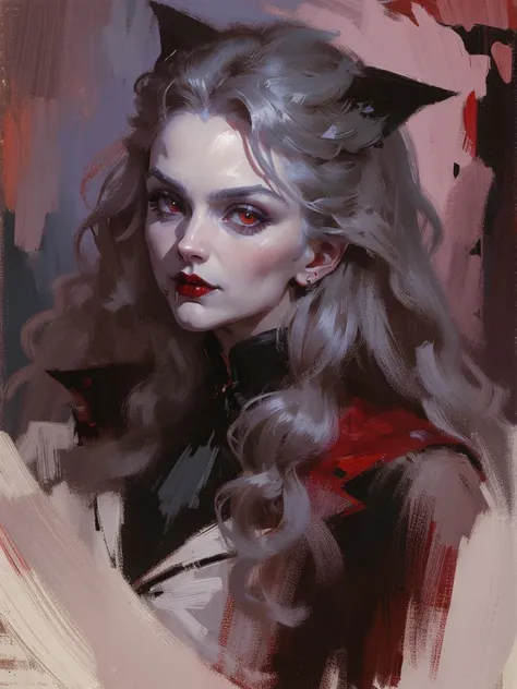 full - length portrait，Vampire woman wearing gothic style clothes，Sexy and charming，long  white hair，Eyes red，blood in the corners of the mouth，small leather bootilluminated wild area，Surrealism，painting-like，inking，acrylic painting-like，work of art，Gothic...