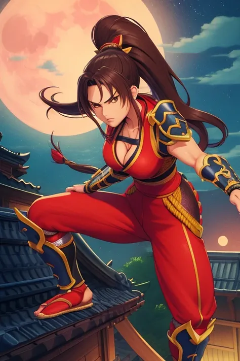 Taki, standing, upper body,,brown eyes,ponytail, brown eyes,leg up, fighting stance, shins, serious, 
rooftop, night, moon, sengoku period, 
(insanely detailed, beautiful detailed face, masterpiece, best quality)