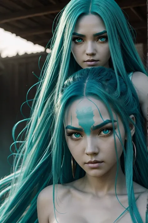 Screenshot of demon slayer Girl with long turquoise blue hair strong green eyes and a scar on her forehead on the left side 