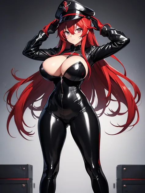 rias gremory, huge breasts, thick thighs, huge hips, standing at attention, expressionless, style of high school DxD, latex, black bodysuit, military cap, platform heels, boots, saluting, latex gloves, symbol-shaped pupils, heart-shaped pupils, expressionl...