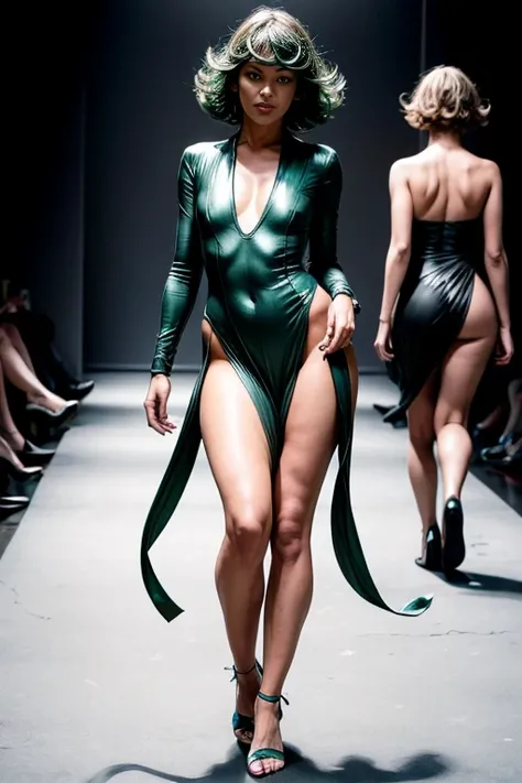 (Sexy),Fashion runway,fashion show,detailed, Tatsumaki, green hair, wearing sexy fashion dresses, 