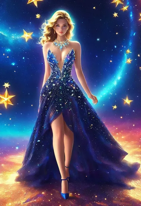 a glamour picture shot, of an elite model covered in stars, walking on a (dark catwalk: 1.2), an extraordinary glamourous elite female model, ((full body: 1.5)),  ((anatomically correct: 1.5), (ultra detailed face: 1.2), best detailed face, yrllow hair, lo...