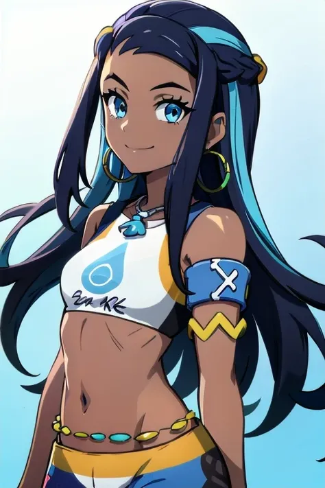 nessa_pokemon, 1girl, solo, dark skin, blue eyes, black hair, blue hair, two-tone hair, shorts, crop top, jewelry, necklace, ear...