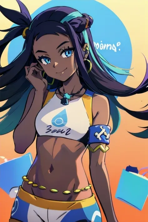 nessa_pokemon, 1girl, solo, dark skin, blue eyes, black hair, blue hair, two-tone hair, shorts, crop top, jewelry, necklace, ear...