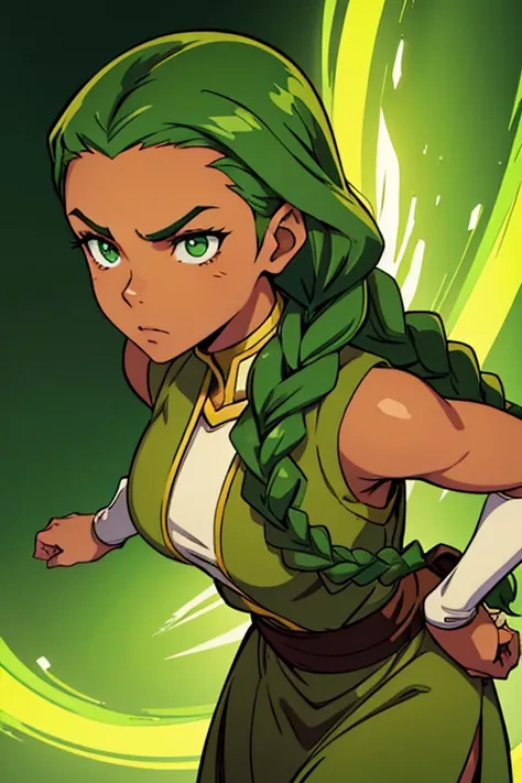 Earthbender human woman with tanned skin. She is a 16-year-old teenager with green eyes and green clothing. Her hair is long and brown in color; it is fastened in a large braid. Just one braid. She is beautiful and her skin is dark in color. Her skin is sl...