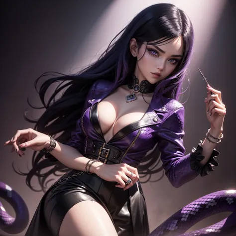 create a vampire at a birthday party with a purple Chanel outfit with black details , her hair is black with blue highlights, and with a snake ring on her finger , realistic styling , 独奏, longye hair, gazing at viewer, gazing at viewer, best qualityer, HD ...