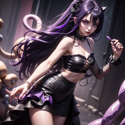 create a vampire at a birthday party with a purple Chanel outfit with black details , her hair is black with blue highlights, and with a snake ring on her finger , realistic styling , 独奏, longye hair, gazing at viewer, gazing at viewer, best qualityer, HD ...