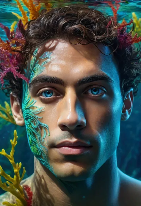 intricate male portrait,1 man with beautiful eyes,aqua blue skin tone,Detailed and beautiful facial features,swimming underwater,colorful seaweed forest background,photorrealistic,dramatic lighting,film composition,fantasy art style,highy detailed,work of ...