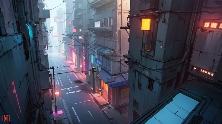 create a scene of a futuristic city at night seen from above an alley of an abandoned street, cyberpunk