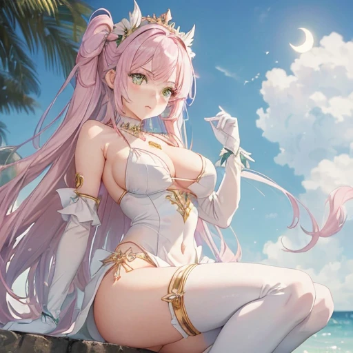 (girl1), (anime), white, with long green hair, jade green eyes, an 18 year old woman, with white stockings and a sexy dress, wearing a heroine costume consisting of a white sleeveless swimsuit with purple details and a yellow crescent moon on his chest. Sh...