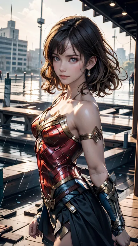 18-year-old girl, Wonder Woman Suit, Short Curly Hair, Blonde, Beautiful Face, rain, roof, masterpiece, Exquisite detail, Perfect Anatomy, Combat Stance