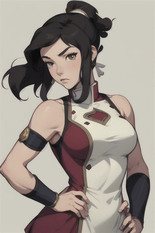 masterpiece, best quality, Mature female, korra, long hair, black hair,,  bare shoulders, medium breasts, ponytail, hand on hip, hair tubes, armlet, vambraces, topknot,, whole-body