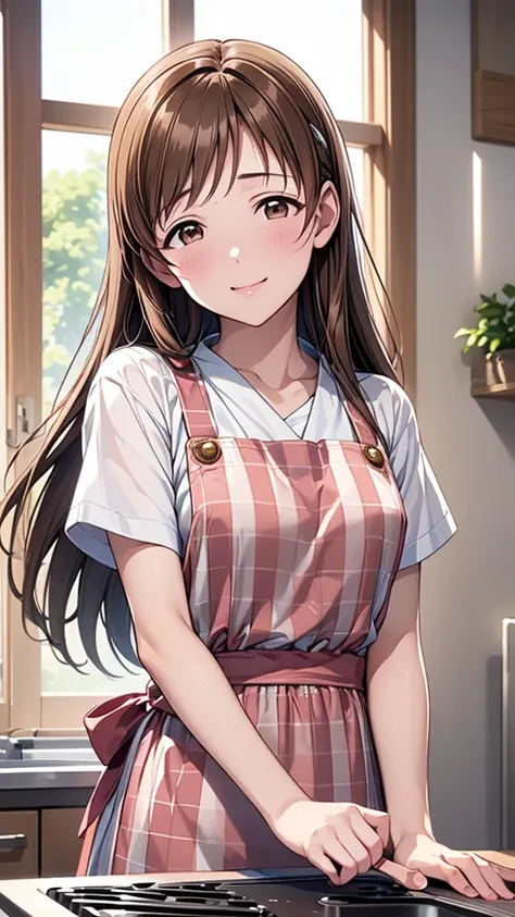 Highest quality、high resolution、High definition、HD、sports gym、(Nitta Minami、Long Hair、Medium chest、Brown Hair、Brown eyes、Glossy lips、Glowing Skin、Realistic skin texture、Checkered apron、kitchen)、Staring at me、Love me、blush、Laughing with your mouth open)、(De...