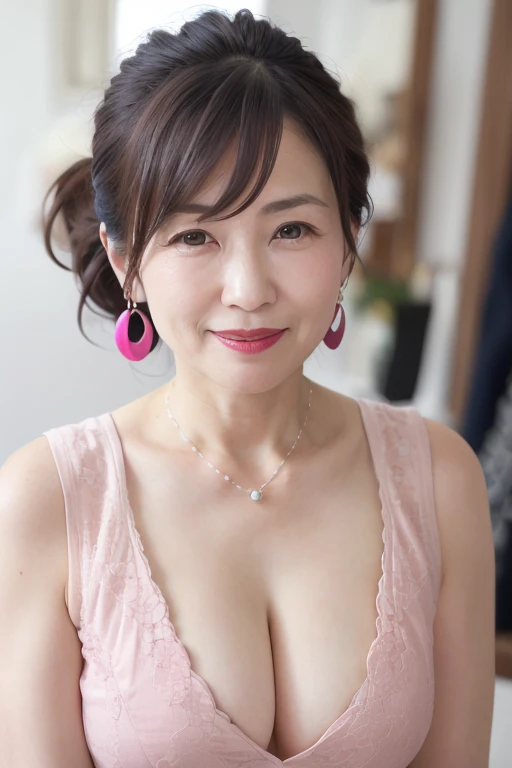 Beautiful mature Japanese woman aged 55, One woman, Married women, Long eyelashes, Low Ponytail, Hair fluttering, Red lipstick, Pink Cheeks, Pearl Necklace, Earrings, Dark eyeshadow, Cleavage, Colorful one-piece dress, Beautiful body, Beautiful smile, Pink...