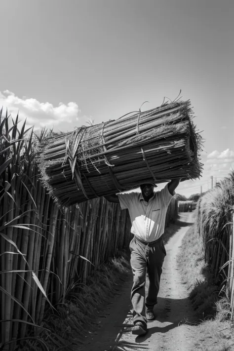 crie uma imagem em preto e branco, of a farmer carrying a large bundle of sugar cane on his back. I would like the drawing to be in black and white style, handmade, black pencil drawing, with detailed lines and subtle shading. The scene must take place on ...